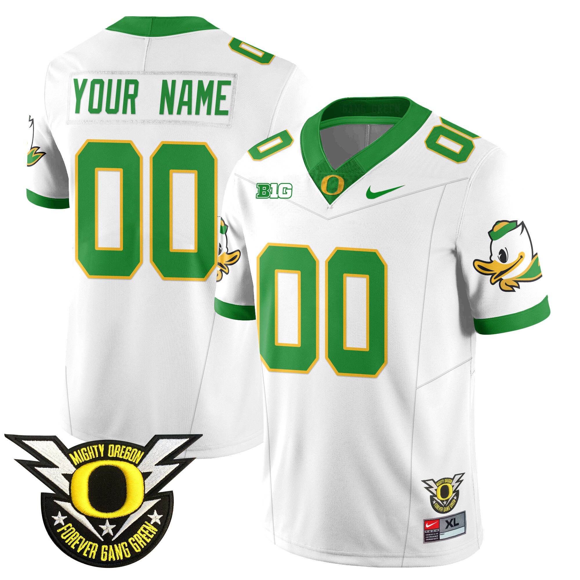 Men Oregon Ducks White 2024 Nike Forever Gang Green & BIG Patch Vapor Limited Custom NCAA Jersey->customized ncaa jersey->Custom Jersey
